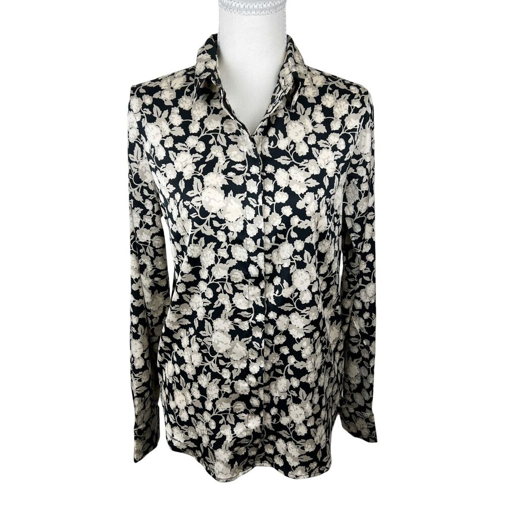 H&M Blouse Women XXS Black Floral Print Casual Long Sleeve Button Up Soft NWT